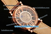 Cartier Rotonde De Swiss Quartz Rose Gold Case with Diamonds Bezel Skeleton Dial and Brown Leather Strap