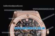 Hublot Classic Fusion Skeleton Asia Automatic Rose Gold Case with Skeleton Dial Diamonds Bezel and Black Leather Strap