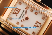 Patek Philippe Ref.4910 Swiss ETA Quartz Movement Diamond Bezel and Marking with Rose Gold Case and White Leather Strap-Lady Model