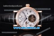 Patek Philippe Grand Complication Swiss Tourbillon Automatic Rose Gold Case with White Dial Black Leather Strap and Roman Numeral Markers