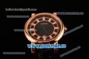 Cartier Rotonde De Miyota Quartz Rose Gold Case with Diamonds Markers Black Dial and Black Leather Strap