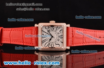 Franck Muller Master Square Swiss Quartz Rose Gold Case with White Dial Diamond bezel and Red Leather Strap