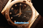 Omega Constellation Quartz Movement Rose Gold Case with Diamond Markers and Brown Leather Strap