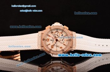 Hublot Big Bang Swiss Valjoux 7750 Automatic Movement Rose Gold Case with Diamond Bezel-White Dial and Rose Gold Markers-White Rubber Strap