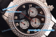 Rolex Daytona Swiss Valjoux 7750-SHG Automatic Double Row Diamond Bezel - Black Dial and Black Leather Strap