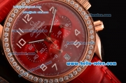 Omega Speedmaster Chrono Swiss Quartz Rose Gold Case Diamond Bezel with Red Leather Strap and Red Dial Numeral Markers