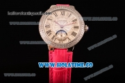 Cartier Ballon Bleu De Small Swiss Quartz Steel Case with Diamonds Bezel White Dial and Hot Pink Leather Strap - Black Markers