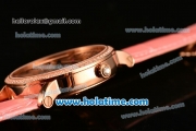 Cartier Rotonde De Swiss Quartz Rose Gold Case with Diamonds Bezel Skeleton Dial and Pink Leather Strap