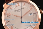 Patek Philippe Calatrava Swiss ETA 2824 Automatic Rose Gold Case with Brown Leather Strap White Dial Numeral/Stick Markers