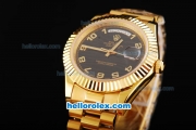 Rolex Day-Date II Swiss ETA 2836 Automatic Movement Full Gold with Black Dial and Gold Arabic Numeral Hour Markers