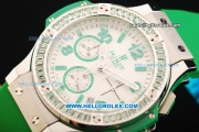 Hublot Big Bang Chronograph Miyota Quartz Movement White Dial with Green Markers and Diamond Bezel - Green Rubber Strap