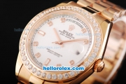 Rolex Day Date II Automatic Movement Full Rose Gold with Diamond Bezel-Diamond Markers and White Dial