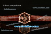 Cartier Rotonde De Swiss Quartz Rose Gold Case with Diamonds Bezel Skeleton Dial and Brown Leather Strap