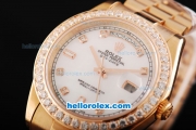 Rolex Day Date II Automatic Movement Full Rose Gold with Diamond Bezel-Diamond Markers and White MOP Dial