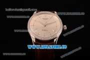 Rolex Cellini Asia Automatic Steel Case with Silver Dial Stick Markers and Brown Leather Strap - Diamonds Bezel (BP)