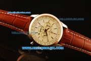 Breitling Transocean Chronograph Quartz Steel Case with Rose Gold Bezel and White Dial-Brown Leather Strap
