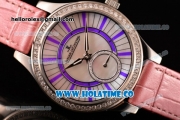 Jaeger-LeCoultre Lady Miyota Quartz Steel Case with White MOP Dial Purple Stick Markers and Pink Leather Strap - Diamonds Bezel