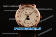 BlancPain Villeret Moonphase & Complete Calendar Miyota 9015 Automatic Rose Gold Case with Beige Dial Brown Leather Strap and Roman Numeral Markers (AAAF)