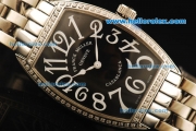 Franck Muller Casablanca Swiss Quartz Movement Full Steel with Black Dial and Diamond Bezel