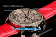 Cartier Ronde Louis Cartier Miyota 1L45 Quartz Steel Case with Red Leather Strap and Diamonds Bezel