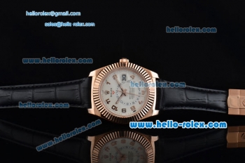 Rolex Sky-Dweller Asia 2813 Automatic Rose Gold Case Numeral Markerswith Black Leather Strap and White Dial