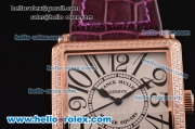 Franck Muller Master Square Swiss Quartz Rose Gold Case with Diamond bezel and Purple Leather Strap