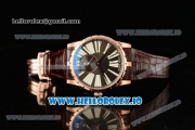 Roger Dubuis Excalibur 36 Miyota 9015 Automatic Rose Gold Case Black Dial With Roman Numeral Markers Brown Leather Strap