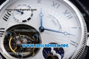 Patek Philippe Grand Complication Swiss Tourbillon Manual Winding Steel Case with White Dial Roman Numeral Markers and Black Leather Strap