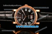 Cartier Rotonde De Miyota Quartz Rose Gold Case with Black Dial Leather Strap and White Roman Numeral Markers