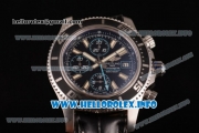 Breitling Superocean Chronograph II Chronograph Swiss Valjoux 7750 Automatic Steel Case with Black Dial Black Leather Strap and Stick Markers -Blue Second Hand