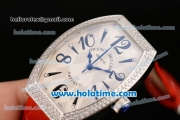 Franck Muller Art Deco Miyota Quartz Steel Case with Diamond Bezel Red Leather Bracelet and Black Markers