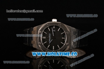 Audemars Piguet Royal Oak Lady Swiss Quartz Steel Case with Black Leather Strap Black Dial and Stick Markers