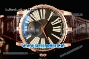 Roger Dubuis Excalibur 36 Miyota 9015 Automatic Rose Gold Case Black Dial With Roman Numeral Markers Brown Leather Strap