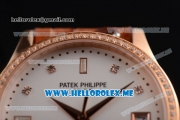 Patek Philippe Calatrava Miyota 9015 Automatic Rose Gold Case with White Dial Brown Leather Strap and Diamonds Markers Diamonds Bezel