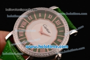 Cartier D'Art Swiss Quartz Steel Case with Roman Numeral Markers Green Leather Bracelet and Green/White Dial