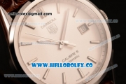 Tag Heuer Carrera Calibre 5 wiss ETA 2824 Automatic Steel Case with White Dial Stick Markers and Brown Leather Strap