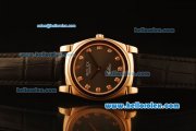 Rolex Cellini Swiss Quartz Rose Gold Case with Brown Dial and Black Leather Strap-Diamond Markers