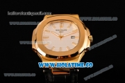 Patek Philippe Nautilus Asia Automatic Yellow Gold Case with White Dial Black Leather Strap and Stick Markers