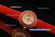 Rolex Datejust Swiss Quartz Movement Rose Gold Case with Red Diamond Bezel and Red Leather Strap - Lady Size