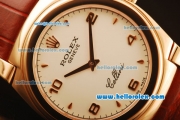 Rolex Cellini Swiss Quartz Rose Gold Case with White Dial and Brown Leather Strap-Numeral Markers