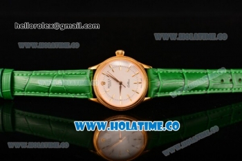 Rolex Cellini Time Asia 2813 Automatic Yellow Gold Case with White Dial Green Leather Strap and Stick Markers