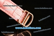 Cartier Rotonde De Swiss Quartz Rose Gold Case with Diamonds Bezel Skeleton Dial and Pink Leather Strap