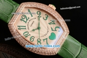 Franck Muller Heart Swiss Quartz Rose Gold Case with Green Leather Strap Diamond Bezel and White Dial - ETA Coating