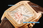 Cartier Santos 100 Swiss ETA 2671 Automatic Movement Rose Gold Case with Diamond Bezel and Brown Leather Strap