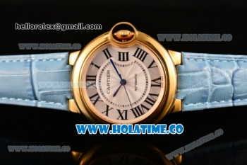 Cartier Ballon Bleu De Medium Asia 4813 Automatic Yellow Gold Case with Silver Dial and White Leather Strap - Roman Numeral Markers (GF)