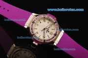 Hublot Big Bang Swiss Quartz Movement Steel Case with Purple Diamond Bezel and Purple Rubber Strap