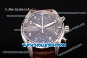 IWC Pilot's Watch Spitfire Chronograph Swiss Valjoux 7750 Automatic Steel Case with Grey Dial Arabic Numeral Markers and Brown Leather Strap
