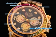 Rolex Daytona Rainbow Chrono Swiss Valjoux 7750-SHG Automatic Yellow Gold Case/Strap with Colorful Diamond Bezel and Black Dial