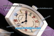 Franck Muller Chronometro Miyota Quartz Steel Case with Diamond Bezel Purple Leather Bracelet and Colorful Numeral Markers