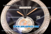 Cartier Rotonde De Miyota Quartz Steel Case/Bracelet with Black Dial and Diamonds Bezel
